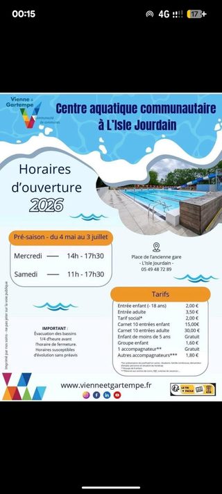 Horaires d'ouverture 2026 - Centre aquatique communautaire à L'Isle Jourdain